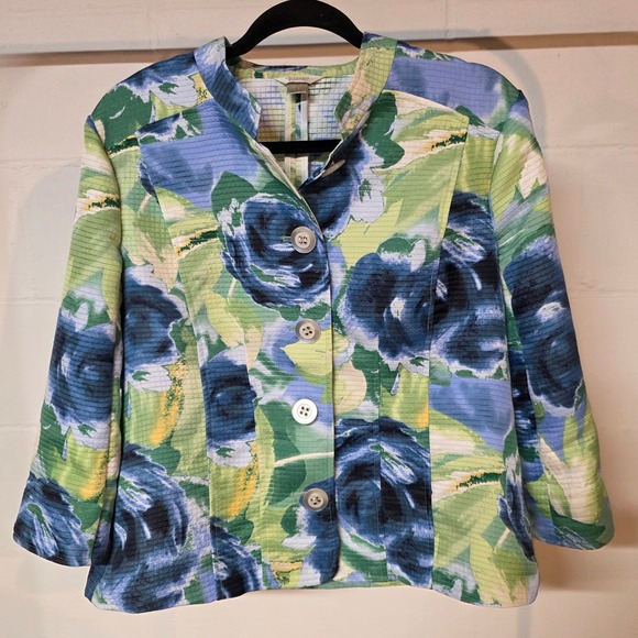Christopher & Banks Women L Blue Green Floral Waffle Blazer Button Spring Jacket - Picture 1 of 11